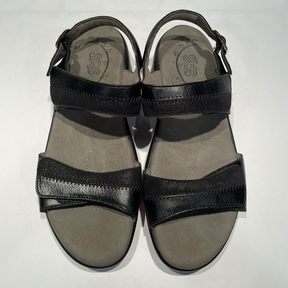SAS Nudu Sandals Black Leather Adjustable Straps Tripad Comfort Made in USA 9W